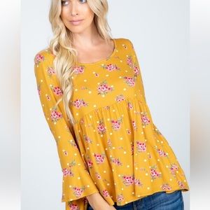 Long Sleeve/ Bell Sleeve Mustard Floral Baby Doll Tunic Top